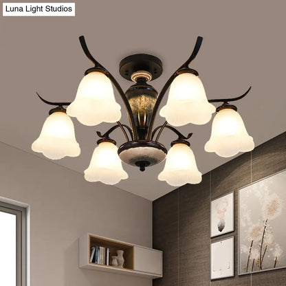 DecorBites™ DecorBites™ Black Country Flower Semi Flush Mount Ceiling Light with Opal Ribbed Glass - 3/6/8 Heads