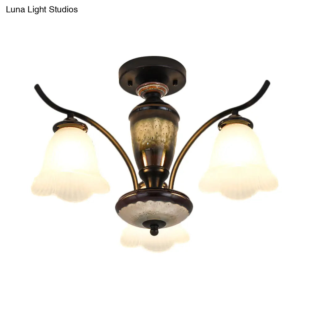 DecorBites™ DecorBites™ Black Country Flower Semi Flush Mount Ceiling Light with Opal Ribbed Glass - 3/6/8 Heads