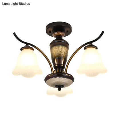 DecorBites™ DecorBites™ Black Country Flower Semi Flush Mount Ceiling Light with Opal Ribbed Glass - 3/6/8 Heads
