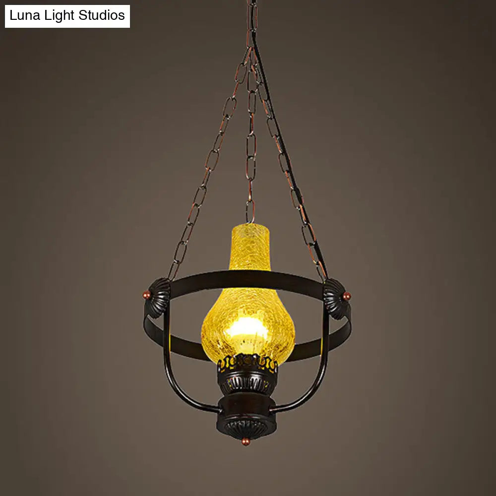 DecorBites™ Black Crackle Glass Pendant Light with Metal Ring - Classic Vase Shade Hanging Lamp