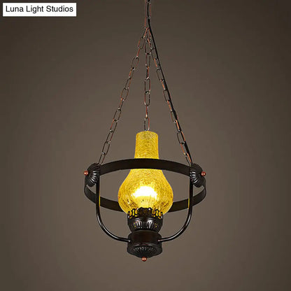 DecorBites™ Black Crackle Glass Pendant Light with Metal Ring - Classic Vase Shade Hanging Lamp