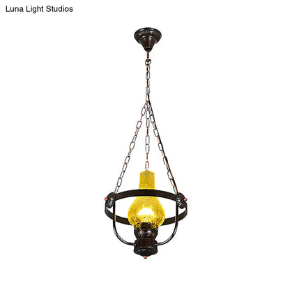 DecorBites™ Black Crackle Glass Pendant Light with Metal Ring - Classic Vase Shade Hanging Lamp