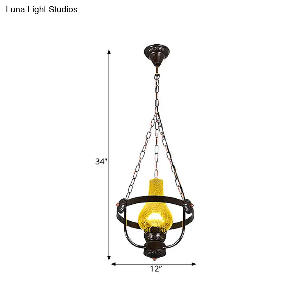 DecorBites™ Black Crackle Glass Pendant Light with Metal Ring - Classic Vase Shade Hanging Lamp