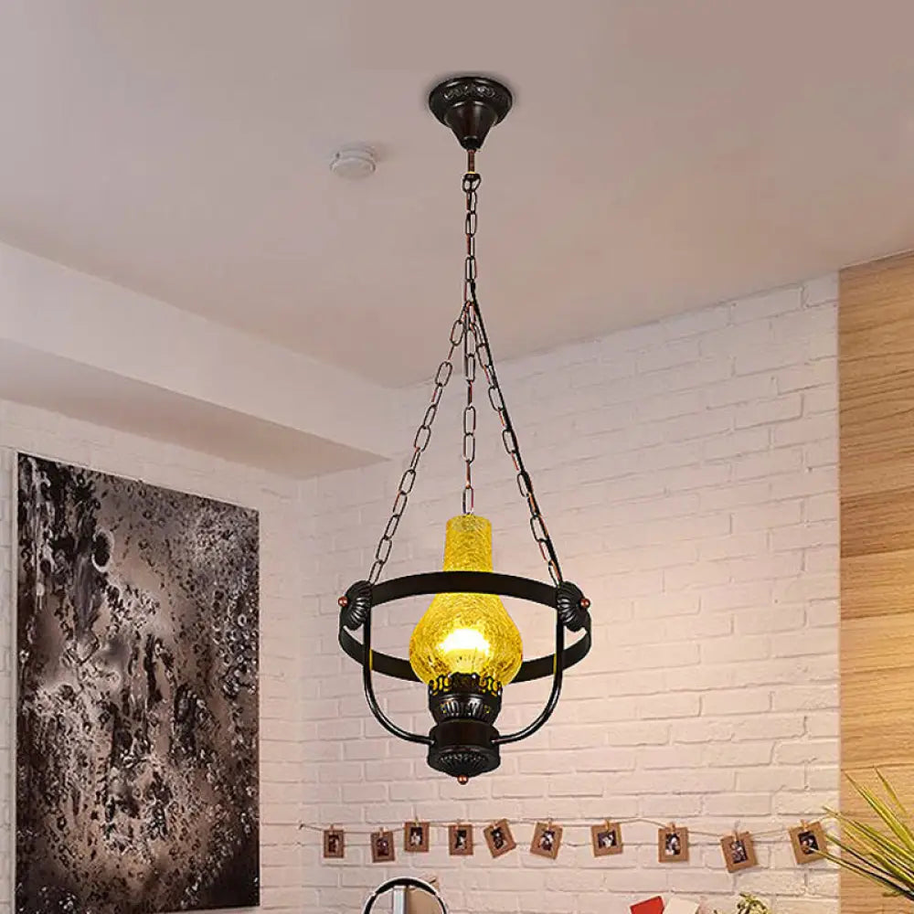 DecorBites™ Black Crackle Glass Pendant Light with Metal Ring - Classic Vase Shade Hanging Lamp