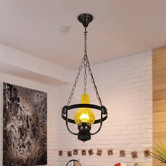 DecorBites™ Black Crackle Glass Pendant Light with Metal Ring - Classic Vase Shade Hanging Lamp