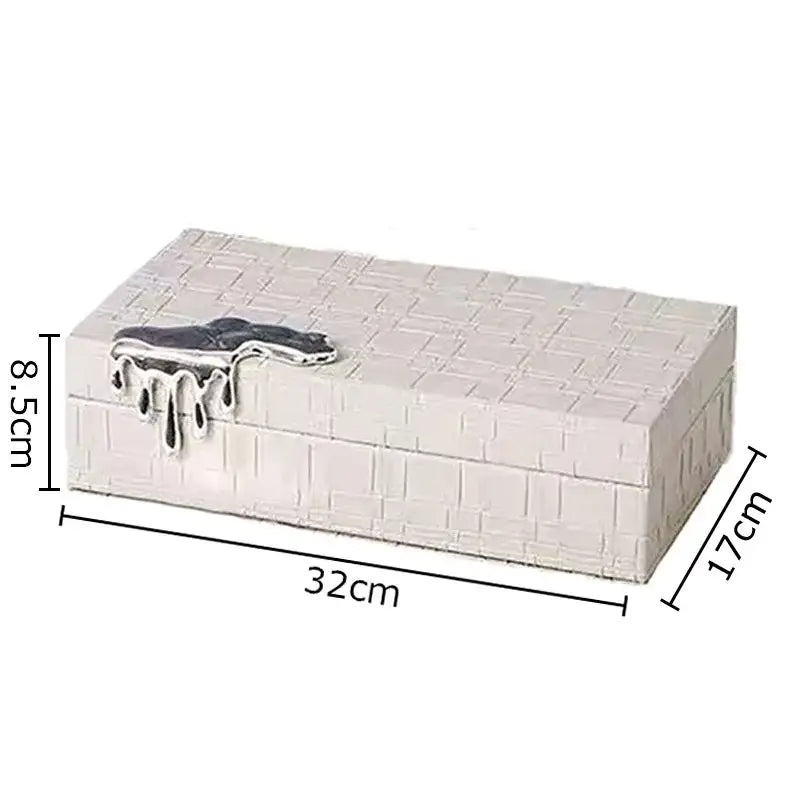 White brick-patterned leather jewelry box with silver hand-shaped dripping clasp for bedroom storage case