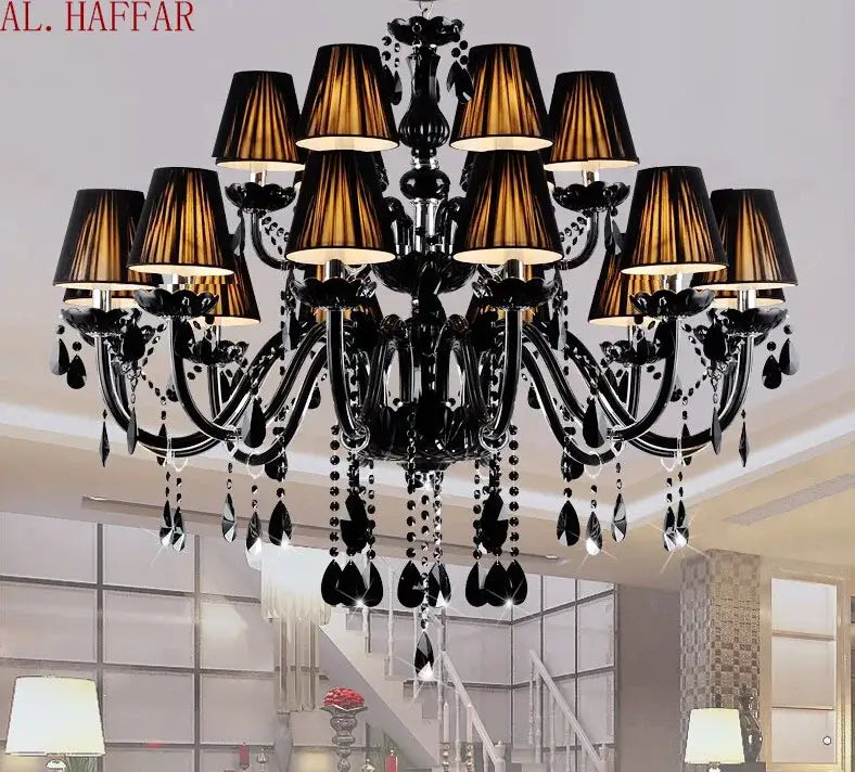 Black crystal chandelier lamps with amber fabric shades and teardrop crystals for elegant dining room decorbites black crystal