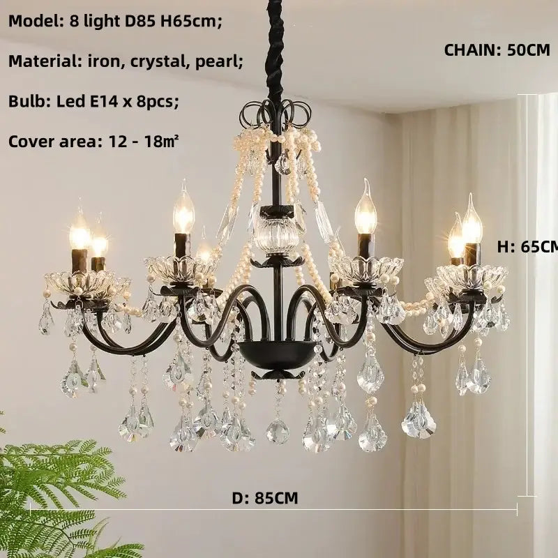 Elegant decorbites black crystal chandelier with black iron frame, crystal droplets, and pearl accents for foyer decor