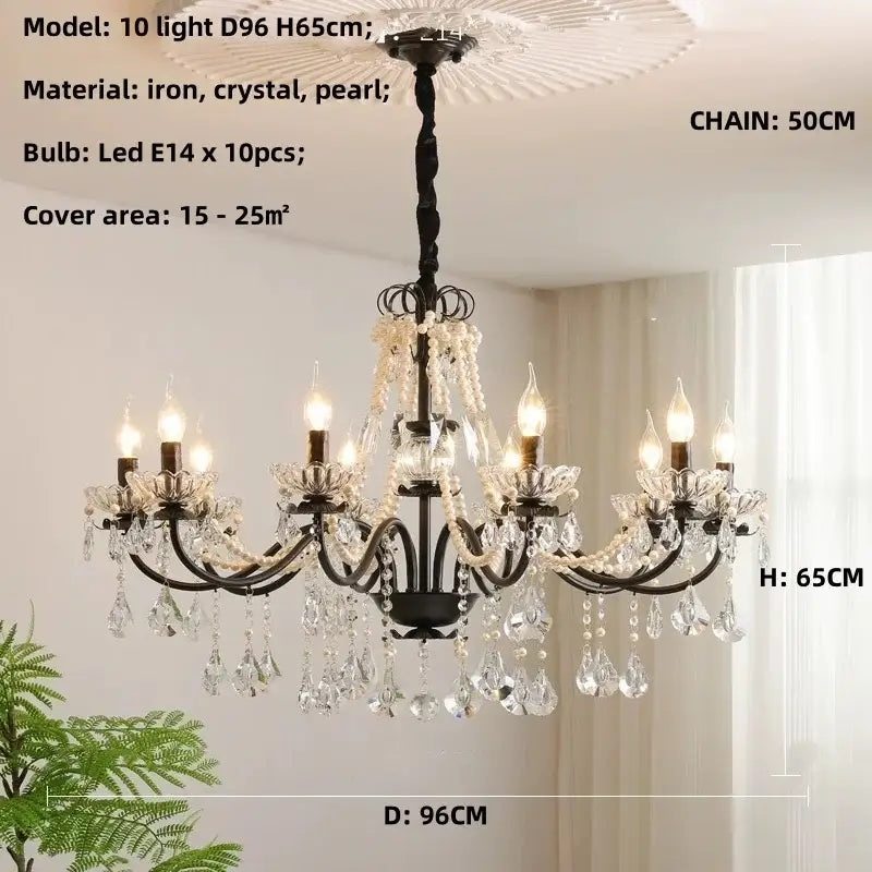Elegant black crystal chandelier with pearls featuring ten led lights and crystal droplets by decorbites black crystal