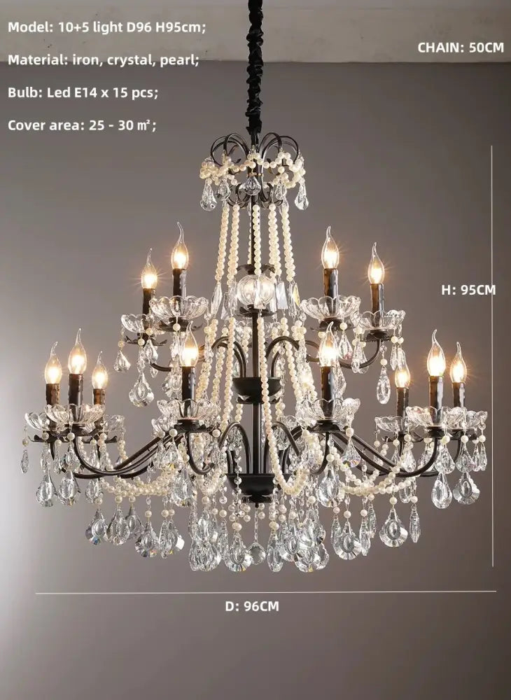 Elegant black crystal chandelier with pearls featuring 15 led bulbs and cascading crystals by decorbites black crystal