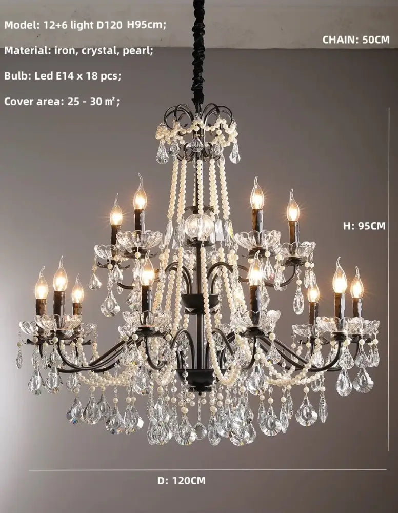 Elegant decorbites black crystal chandelier with pearls featuring 12 plus 6 led lights in black iron for foyer decor