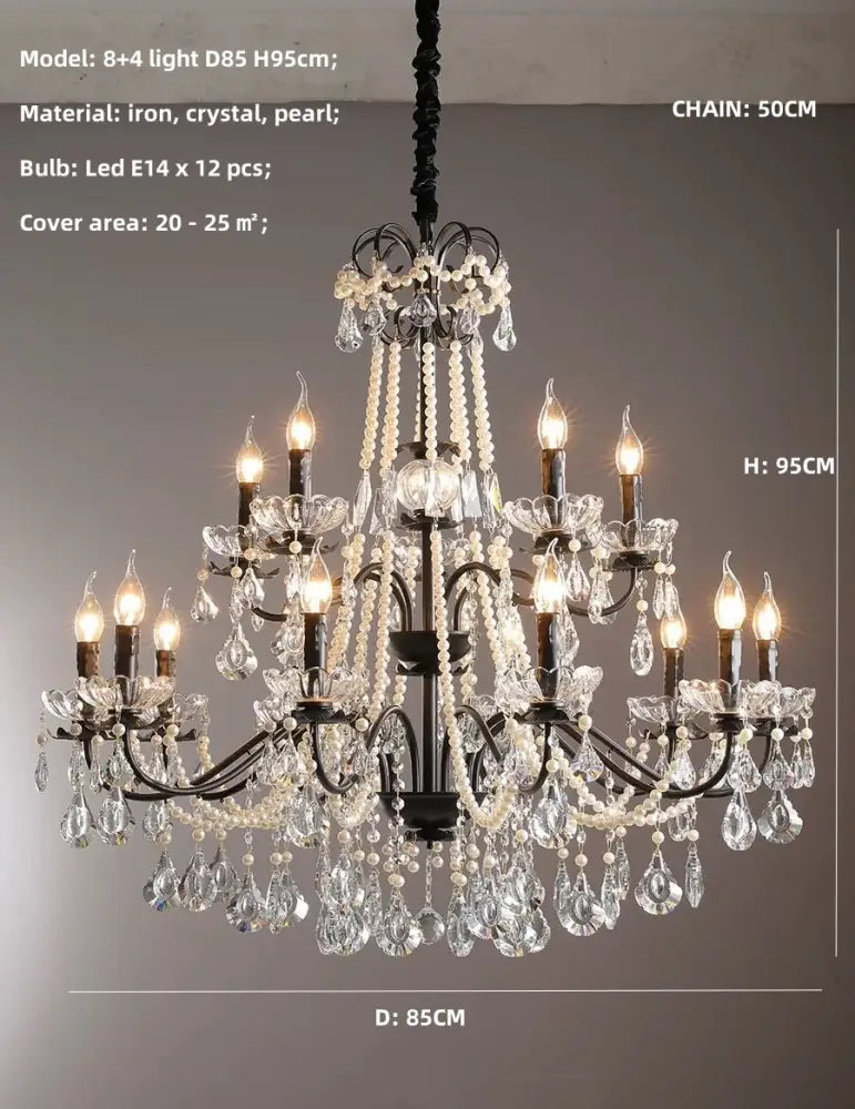 Elegant decorbites black crystal chandelier with pearls featuring eight lights, clear crystal droplets, and black iron frame