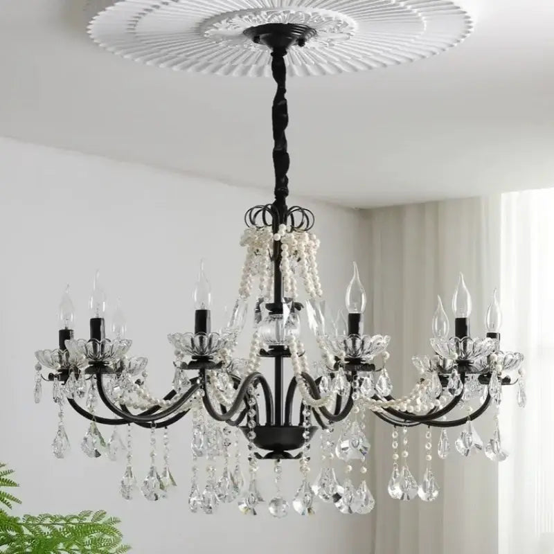 Black wrought iron decorbites black crystal chandelier with pearl accents and crystal droplets for foyer pendant light