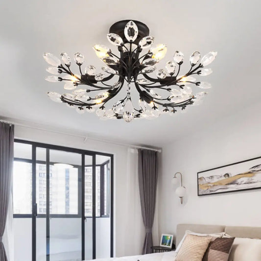 DecorBites™ Black Crystal Leaf Semi Flush Mount Light - Modern Metal Ceiling Fixture with 6/8/10 Lights