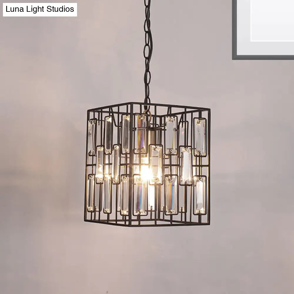 Black Cuboid Pendant Lamp - 8"/10"/12.5" Width - Traditional Metallic Ceiling Light with Crystal Icicle - 1 Bulb