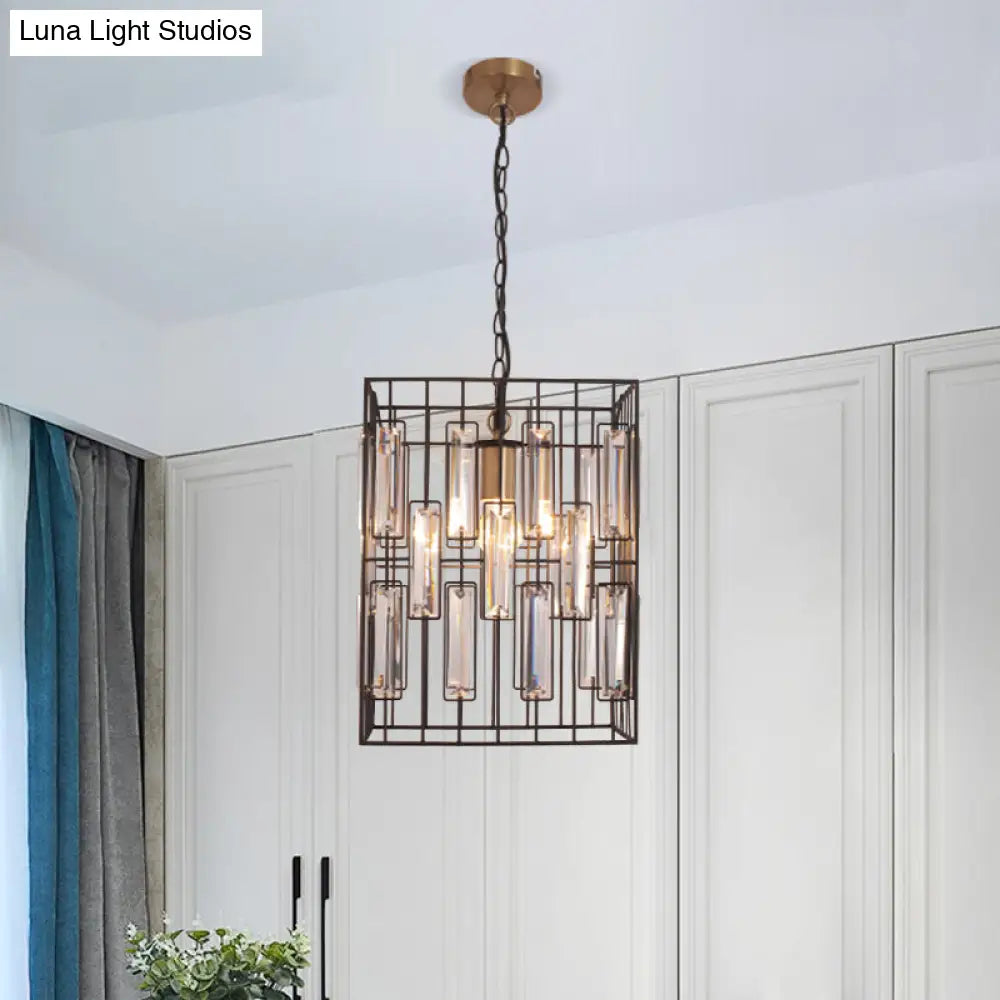 Black Cuboid Pendant Lamp - 8"/10"/12.5" Width - Traditional Metallic Ceiling Light with Crystal Icicle - 1 Bulb