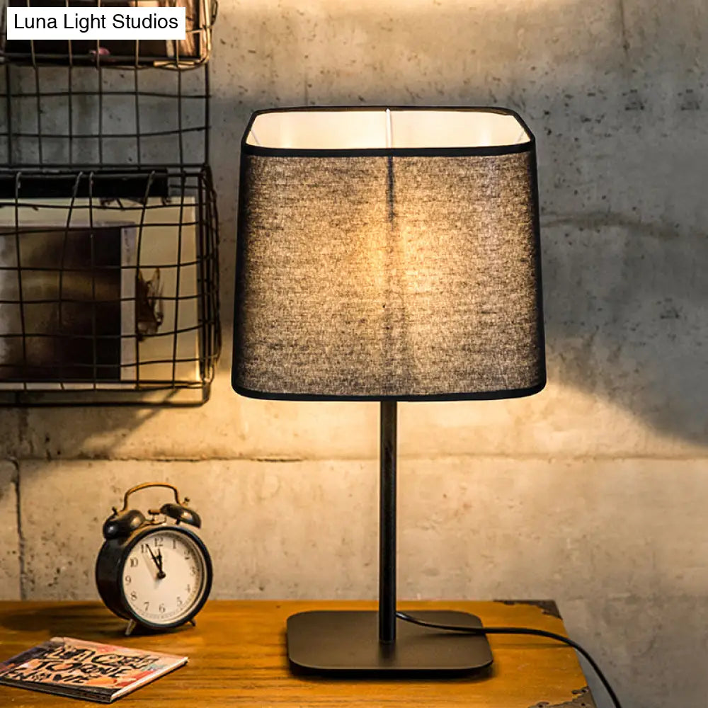Black Cuboid Plug-In Night Table Lamp with Fabric Shade - Simplistic Design, Ideal for Bedside Use