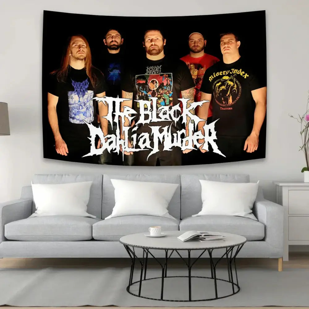 Black tapestry featuring black dahlia murder band members in stylized white font for dahlia murder metal wall decor