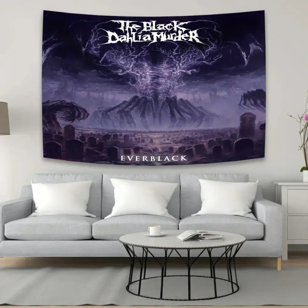 Dark purple and black black dahlia murder tapestry featuring everblack album cover with intricate white lettering for metal band decor