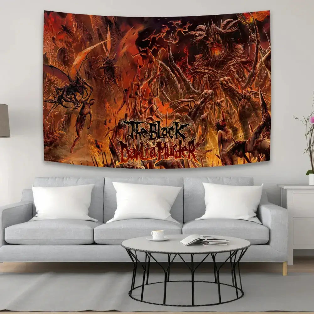 A fiery dark-themed black dahlia murder tapestry with intricate demonic imagery for metal band wall decor