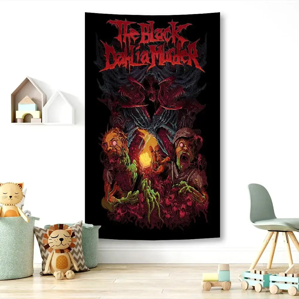 Black dahlia murder metal band tapestry featuring a red logo with dark fiery design for studio wall decor