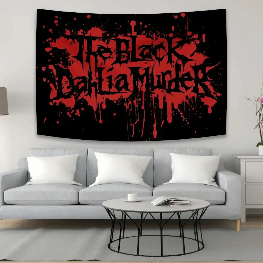 Black dahlia murder tapestry with black and red splatter and stylized band name for murder metal band wall decor