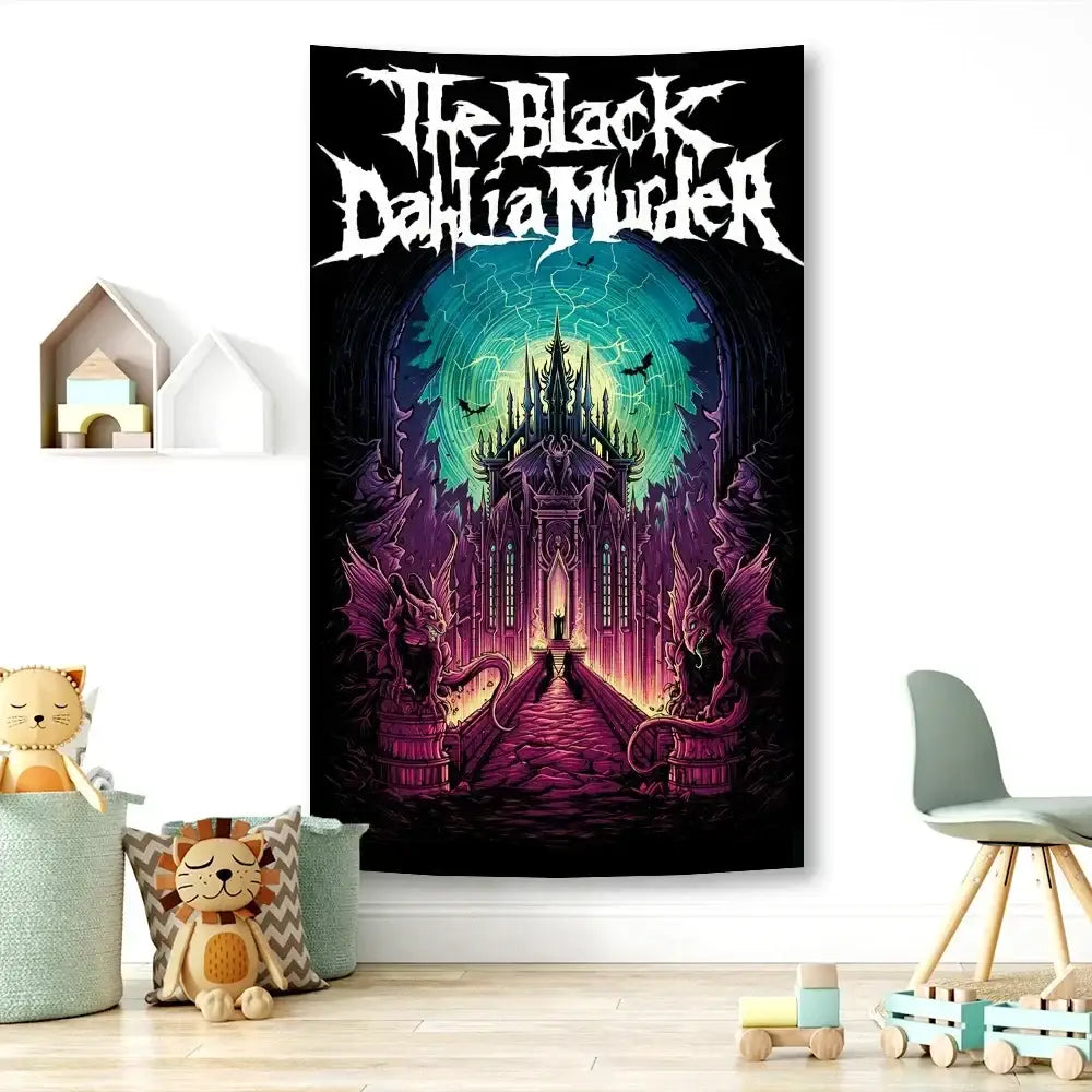 Black dahlia murder metal band tapestry with gothic castle and dragons under teal sky for studio wall decor