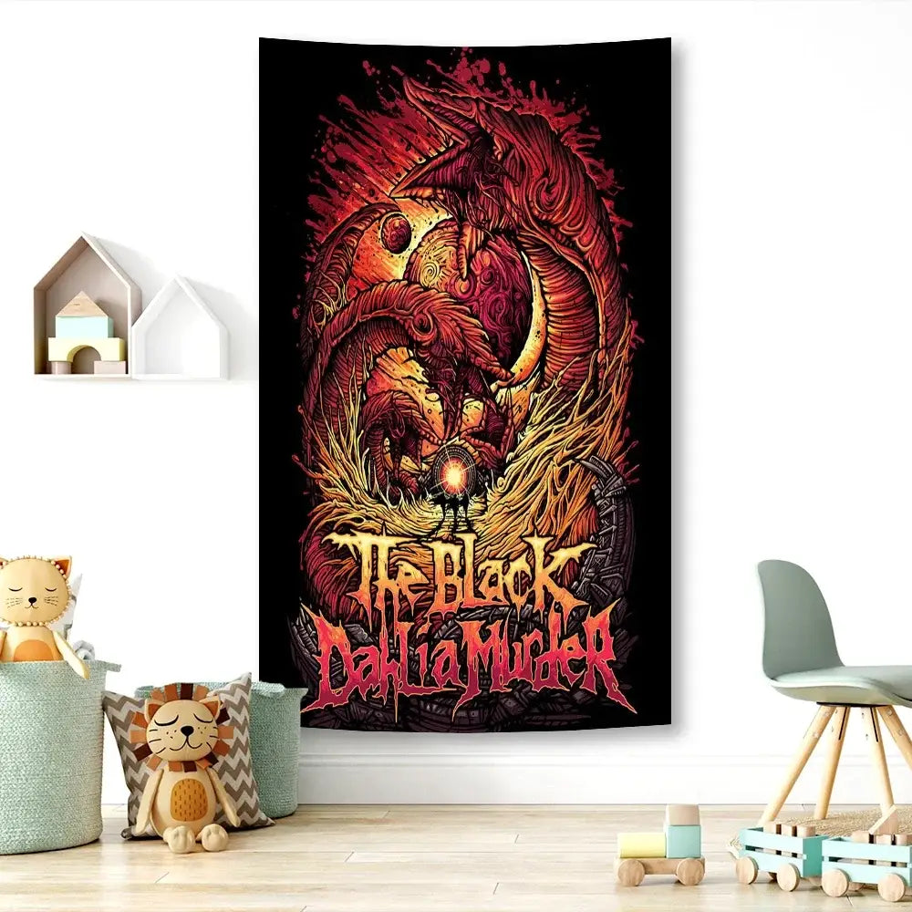 Black dahlia murder tapestry featuring a fiery red dragon coiled around a glowing orb for metal band wall decor