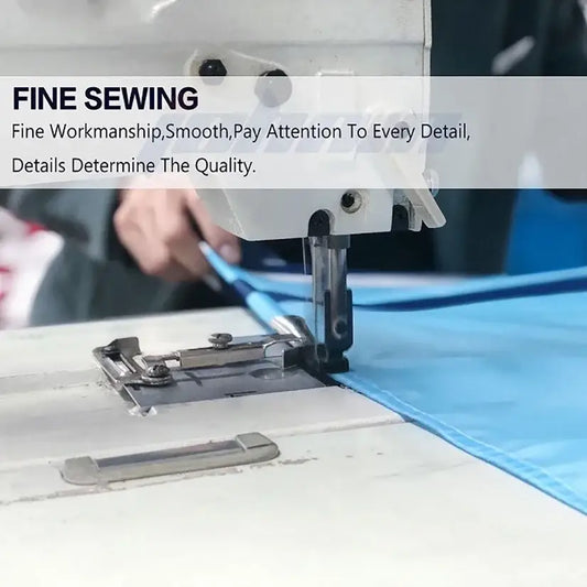 White industrial sewing machine stitching light blue fabric for black dahlia murder metal band tapestry decor