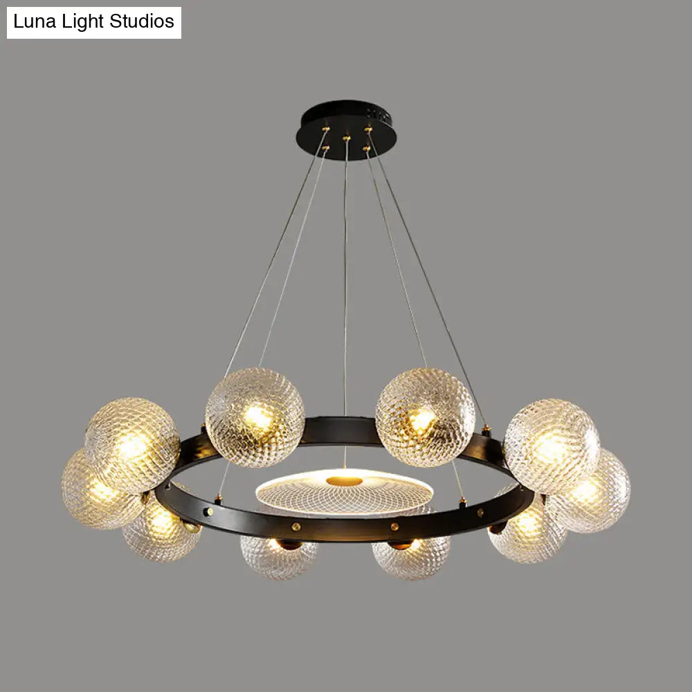 Black Designer Ball Pendant Chandelier with Clear Lattice Glass - Restaurant Hanging Light