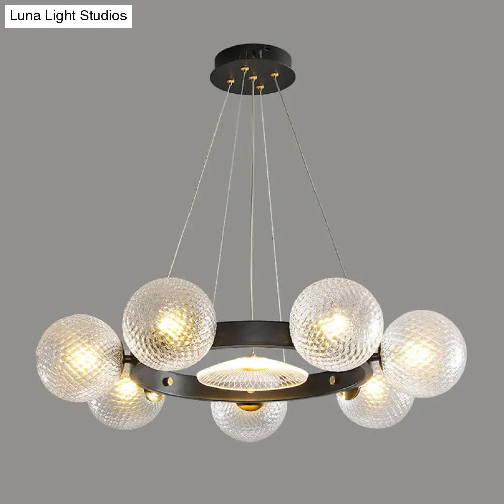 Black Designer Ball Pendant Chandelier with Clear Lattice Glass - Restaurant Hanging Light