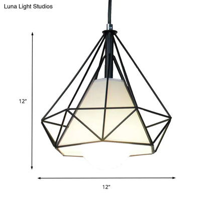 Black Diamond Cage Pendant Ceiling Light - Farmhouse Style Hanging Lamp with Fabric Shade