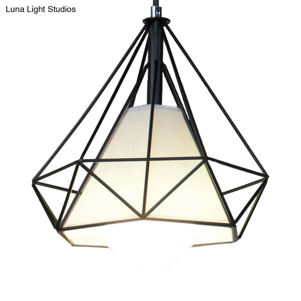 Black Diamond Cage Pendant Ceiling Light - Farmhouse Style Hanging Lamp with Fabric Shade