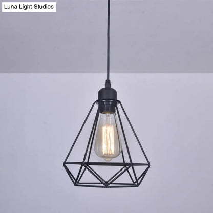 Black Diamond Cage Pendant Lamp - Retro Iron Bedroom Suspension Light