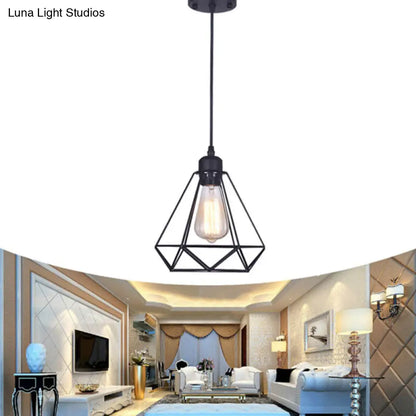 Black Diamond Cage Pendant Lamp - Retro Iron Bedroom Suspension Light