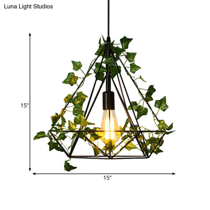 Black Diamond Metal Ceiling Light with LED Down Lighting Pendant and Plant Décor - 10"/15"/18" W