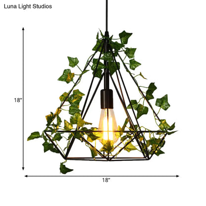 Black Diamond Metal Ceiling Light with LED Down Lighting Pendant and Plant Décor - 10"/15"/18" W