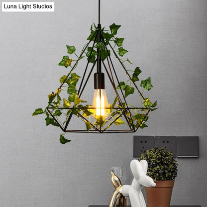 Black Diamond Metal Ceiling Light with LED Down Lighting Pendant and Plant Décor - 10"/15"/18" W