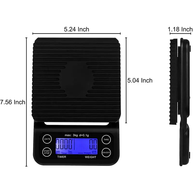 Black digital brewmaster coffee scale timer with ribbed weighing platform and blue backlit display for precise brewing