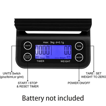 Black digital brewmaster coffee scale timer with blue lcd display and buttons for tare start stop and units by decorbites