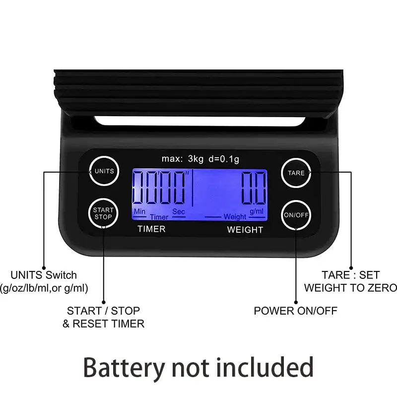 Black digital brewmaster coffee scale timer with blue lcd display and buttons for tare start stop and units by decorbites