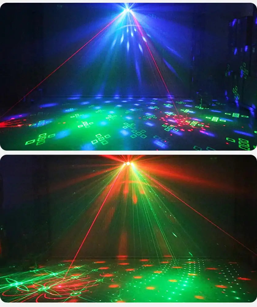 Black disco laser light projector led magic ball casting blue green and red beams with colorful geometric patterns on floor
