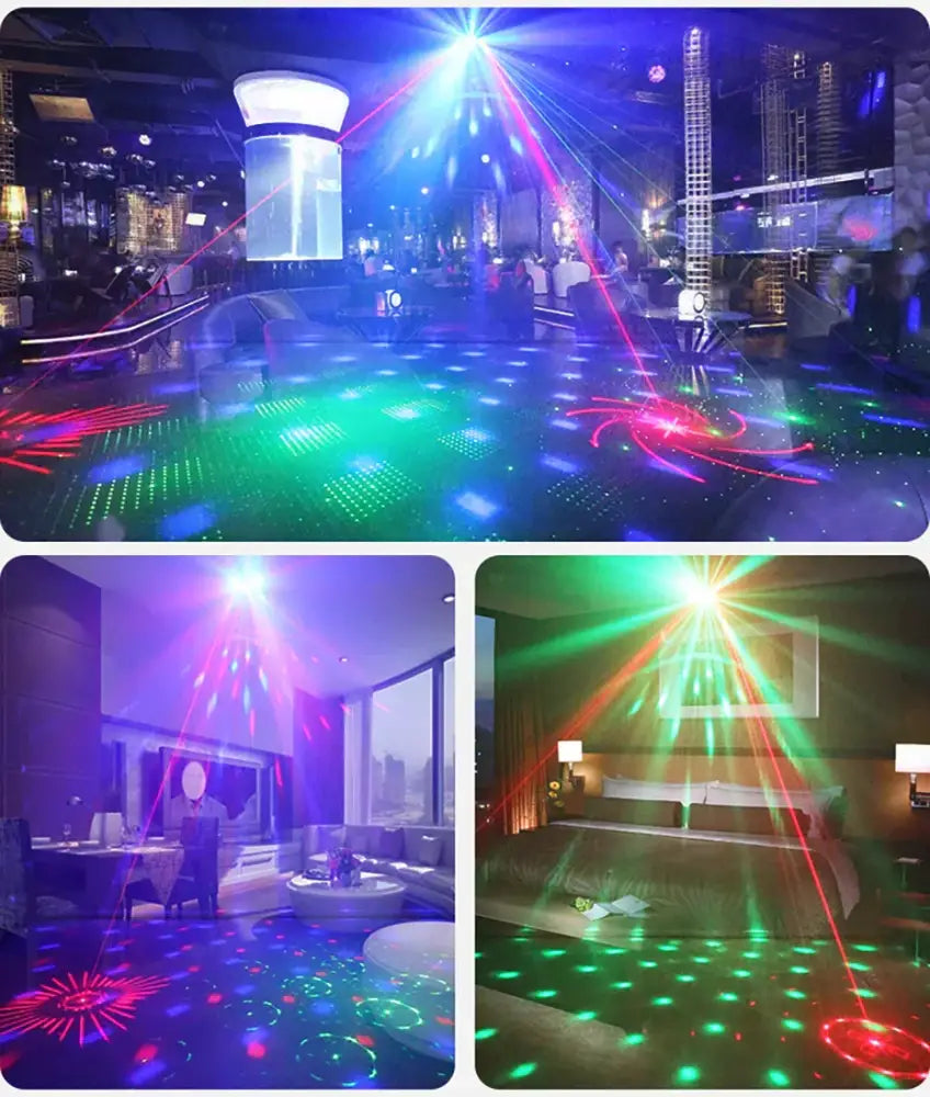 Black disco laser light projector led magic ball with vibrant red green and blue beams on reflective dance floor