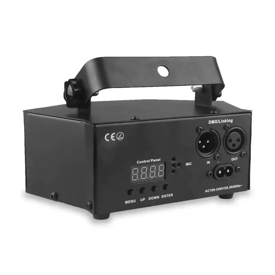 Black rectangular disco laser light projector with handle digital display and multiple input output ports backside view