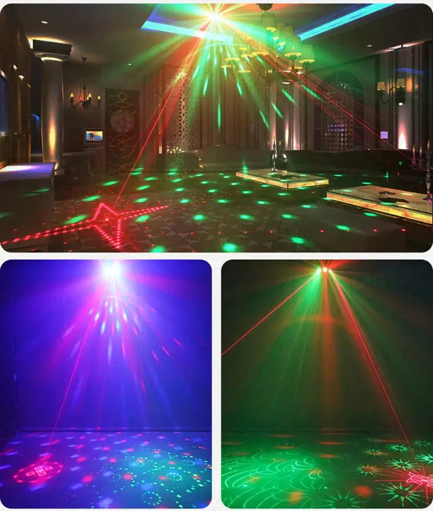 Black disco laser light projector emitting vibrant red green and blue beams in a nightclub setting for disco laser use