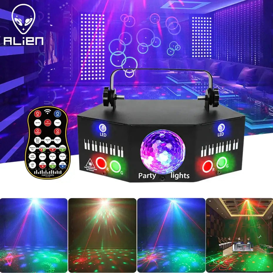 Black disco laser light projector with central disco ball and colored led controls for living room strobe use