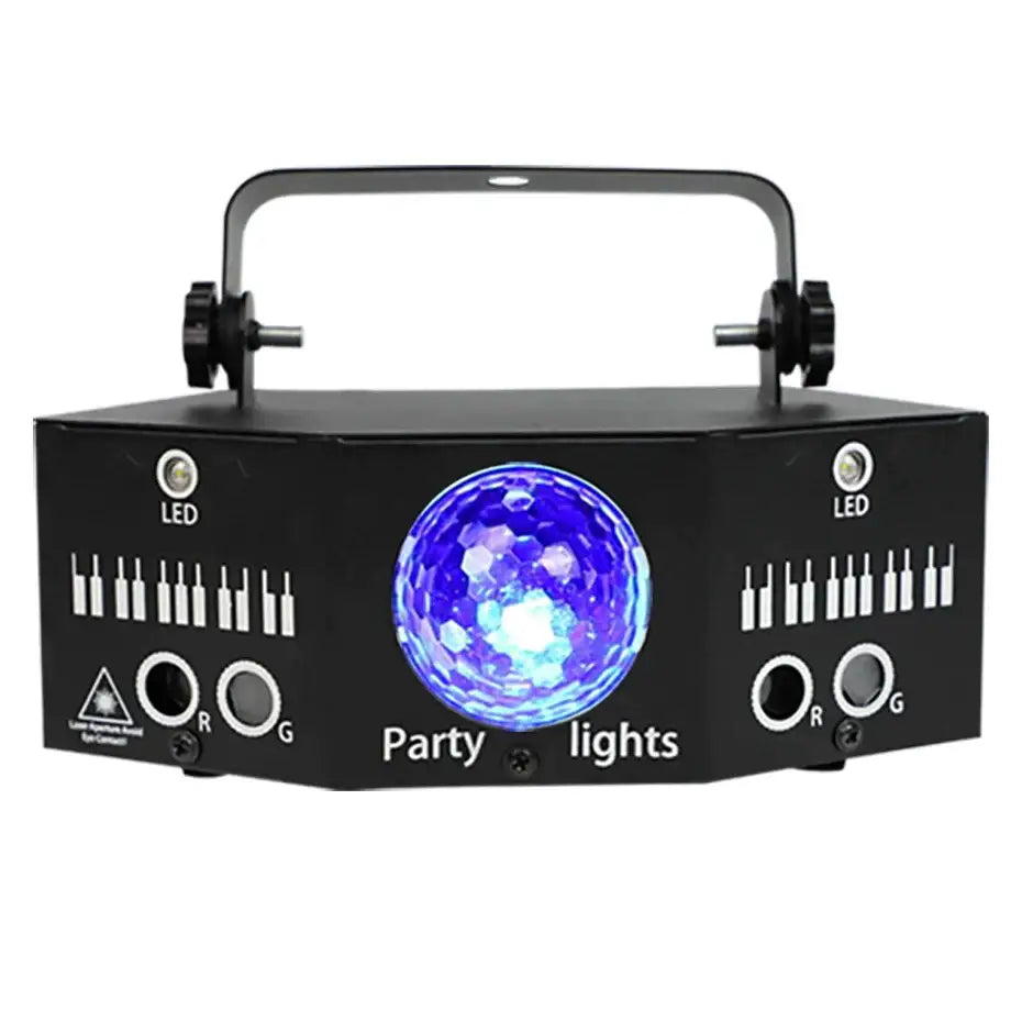 Black disco laser light projector with a blue disco ball and led controls for living room strobe effects