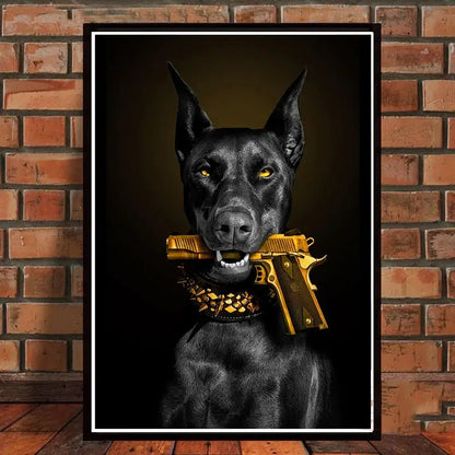 Decorbites™ black doberman dog canvas poster art featuring a black doberman dog holding a golden pistol with studded collar