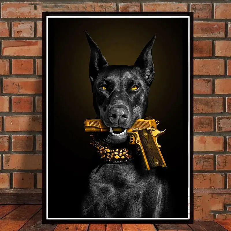 Decorbites™ black doberman dog canvas poster art featuring a black doberman dog holding a golden pistol with studded collar