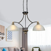 Black wrought iron decorbites 2-bulb traditional black dome dining room light with white glass shades and gold accents